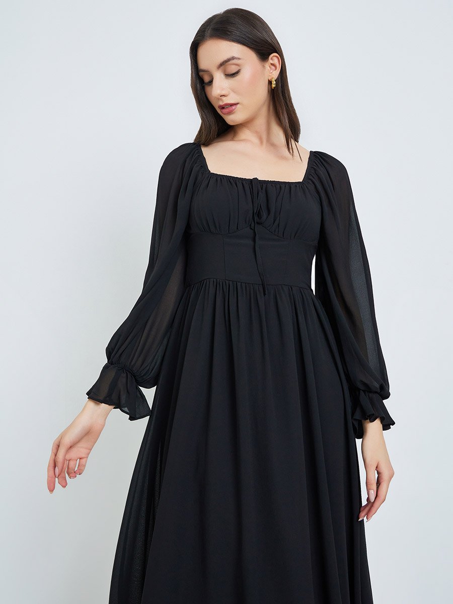 Black Square Neck Midi Dress