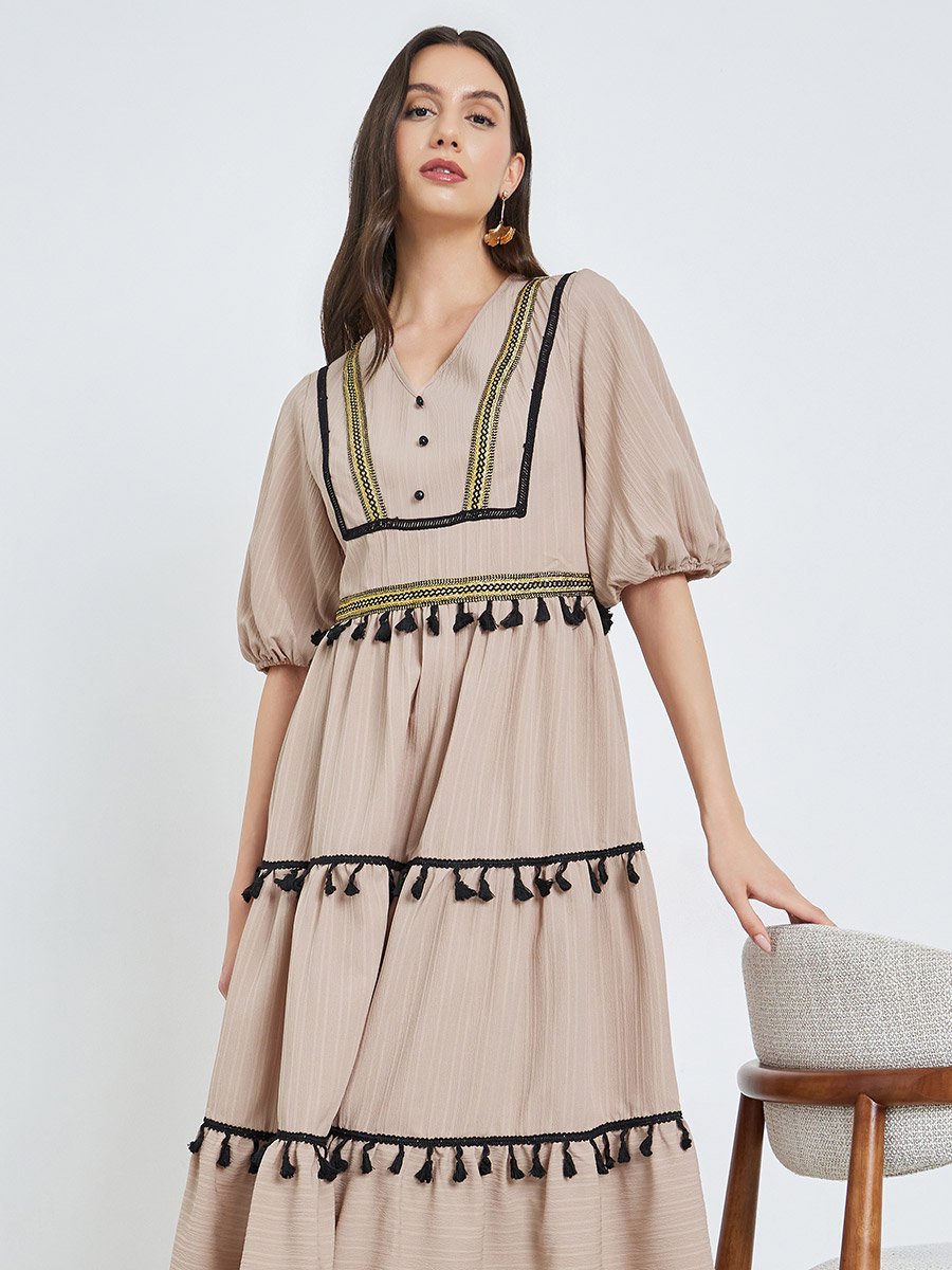 Beige Tassel Trim V Neck Midi Dress For Women at Kuwait | Styli
