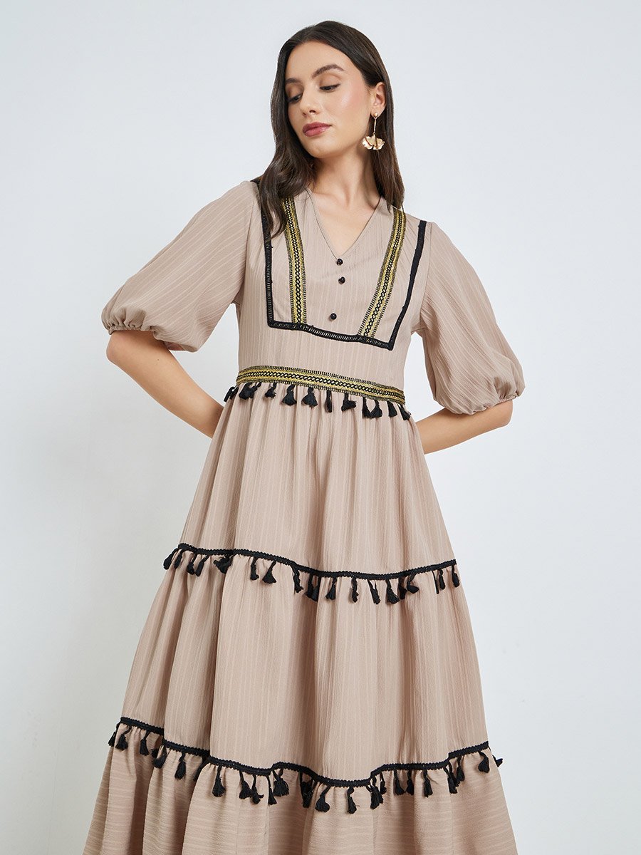 Beige Tassel Trim V Neck Midi Dress For Women at Kuwait