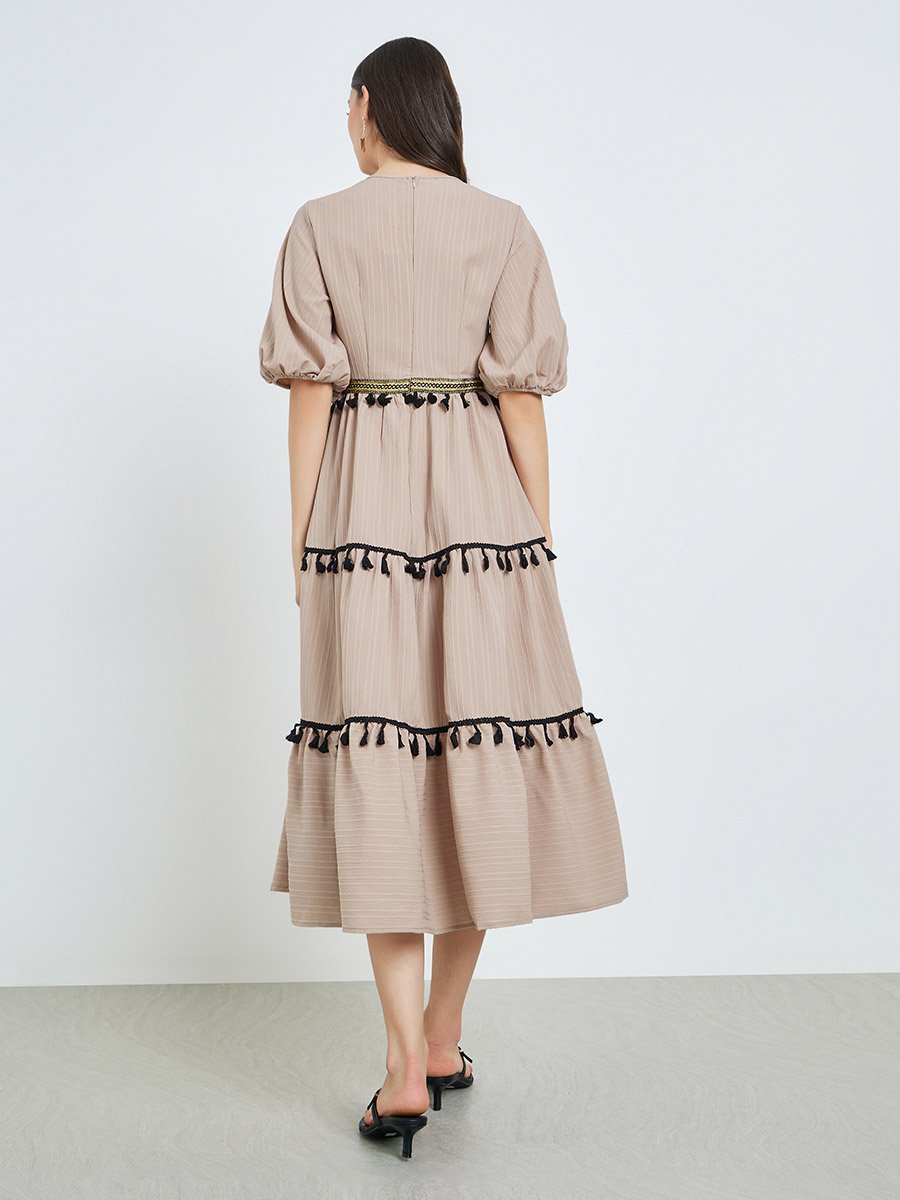 princess polly baby blue dress Pinkblush Beige Fringe Linen Maternity Dress main image 0