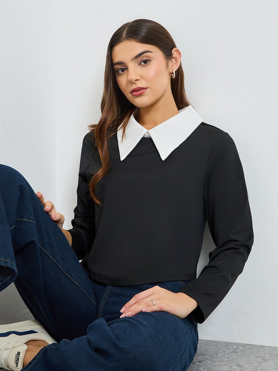 Black Long Sleeve Top with Contrast Collar