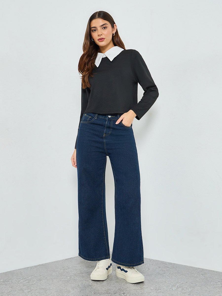 Black Long Sleeve Top with Contrast Collar