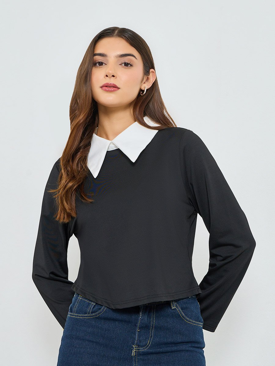 Black Long Sleeve Top with Contrast Collar