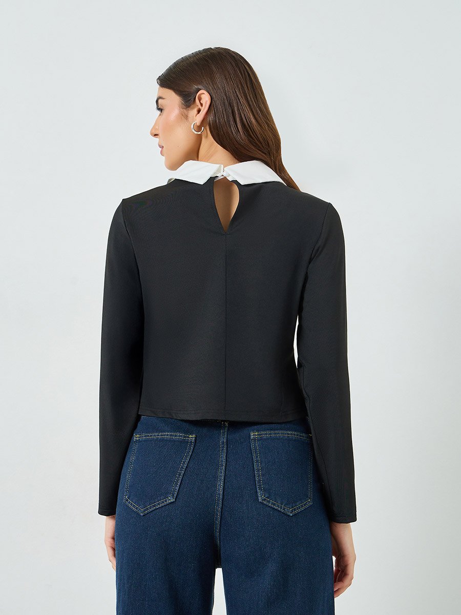 Black Long Sleeve Top with Contrast Collar