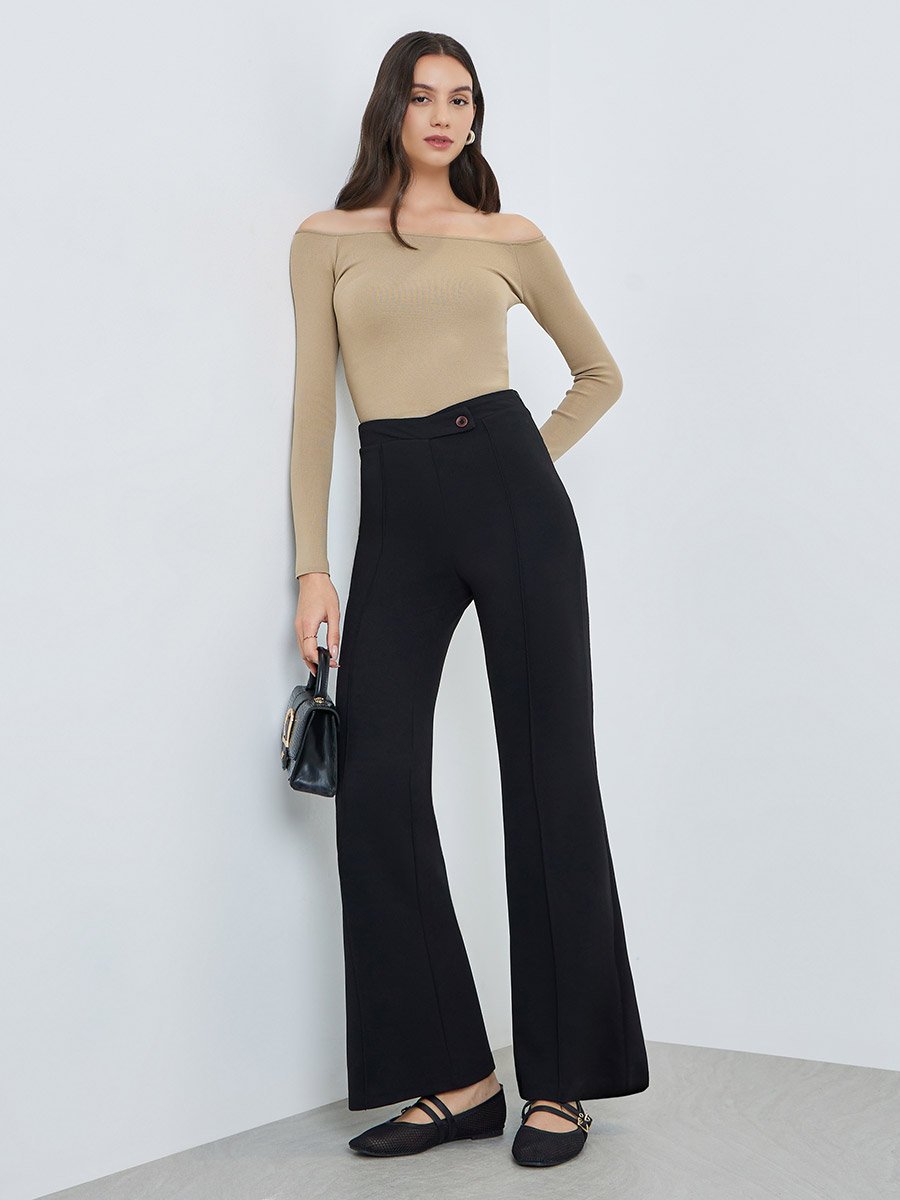 Black Solid Front Pintuck Bootcut Pants