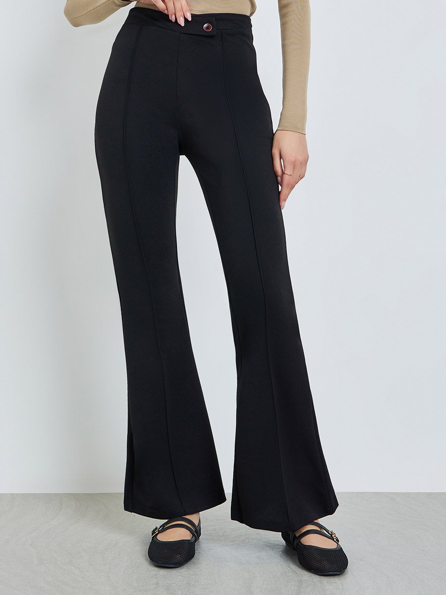 Black Solid Front Pintuck Bootcut Pants