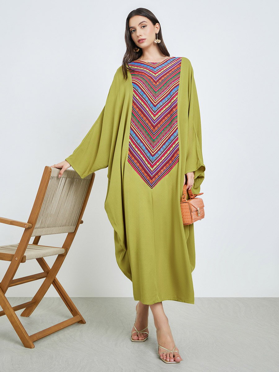 Green Batwing Sleeves Patterned Kaftan