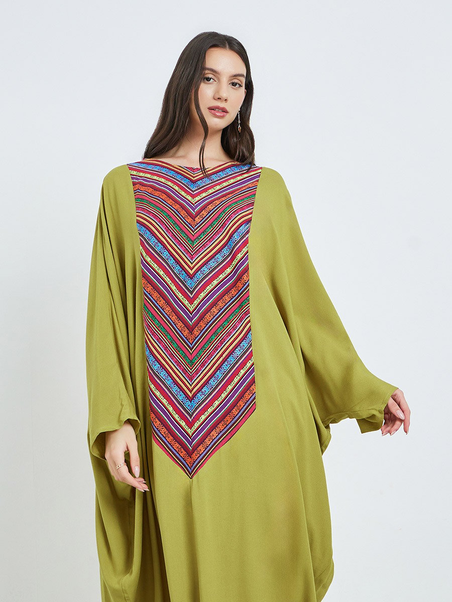 Green Batwing Sleeves Patterned Kaftan