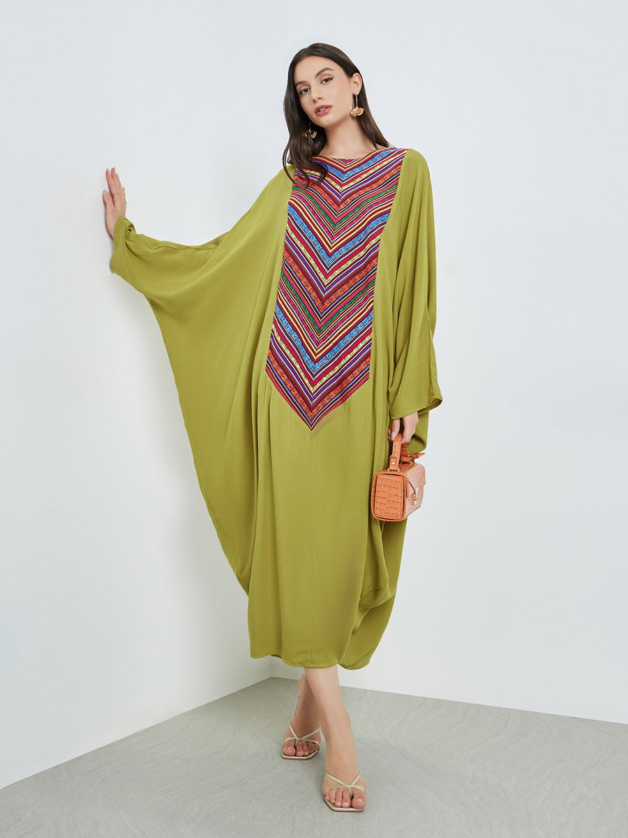 Green Batwing Sleeves Patterned Kaftan