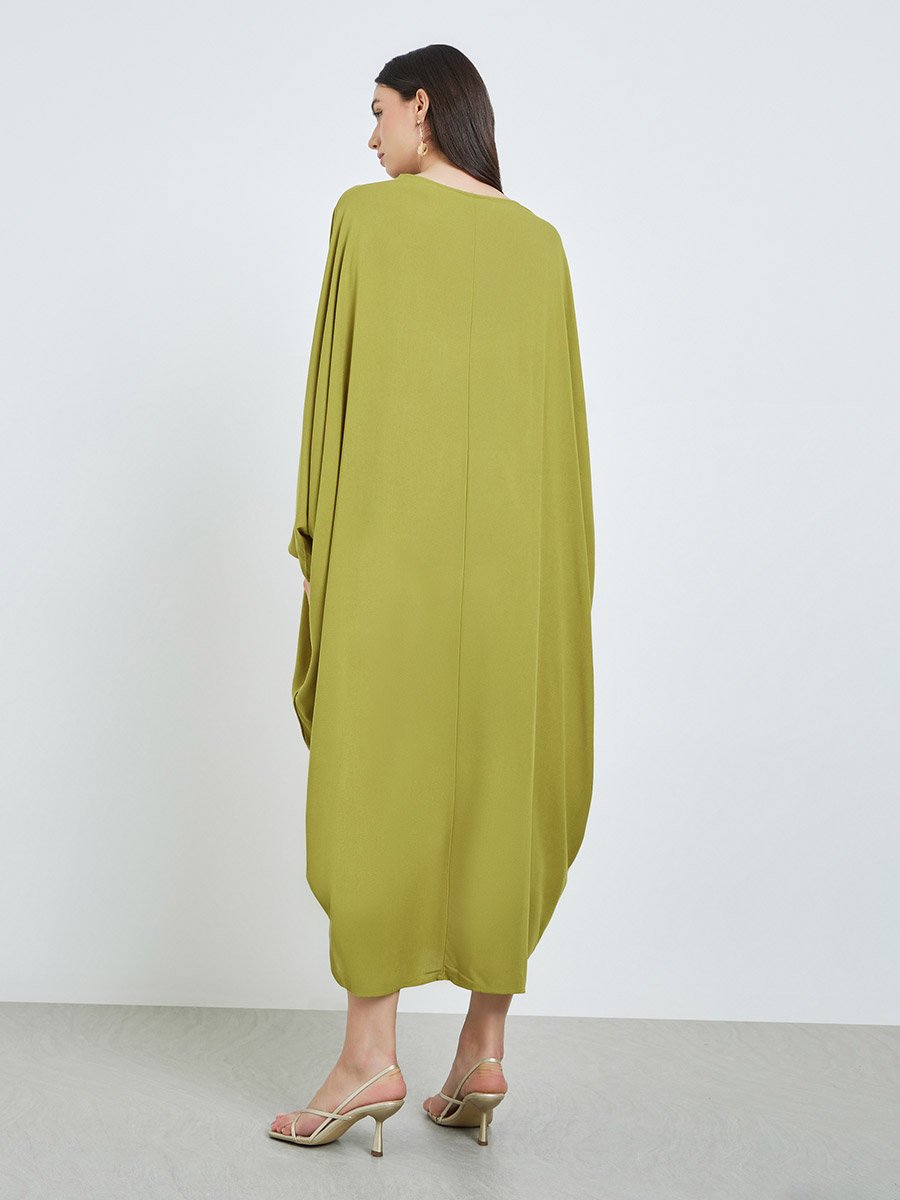 Green Batwing Sleeves Patterned Kaftan