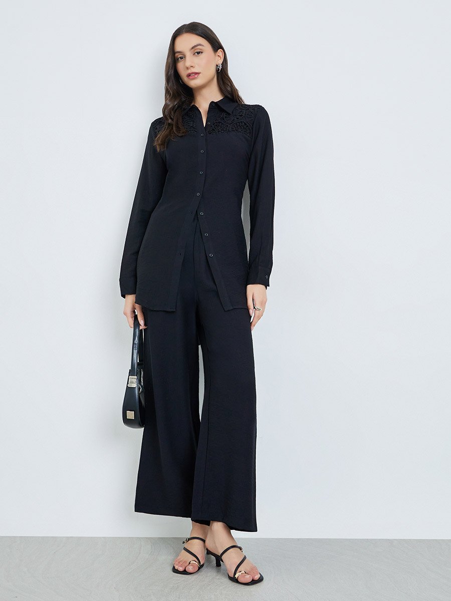 Black Lace Detail Longline Shirt and Pants Co-Ords