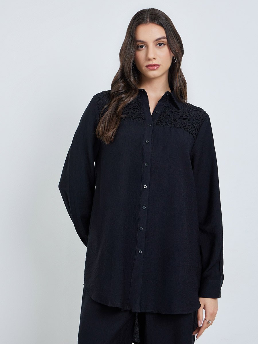 Black Lace Detail Longline Shirt and Pants Co-Ords