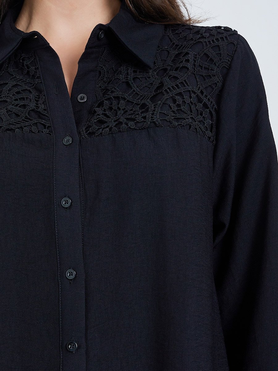 Black Lace Detail Longline Shirt and Pants Co-Ords