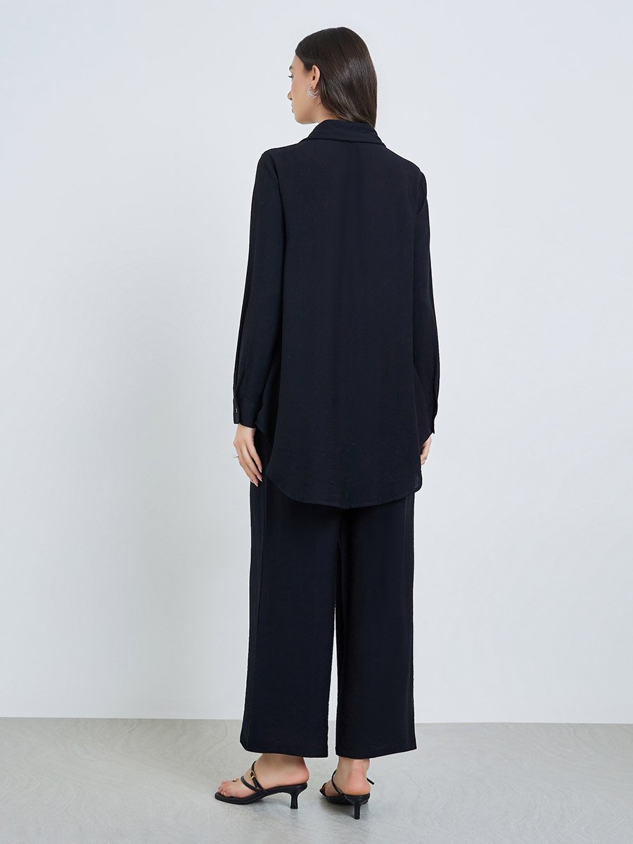 Black Lace Detail Longline Shirt and Pants Co-Ords