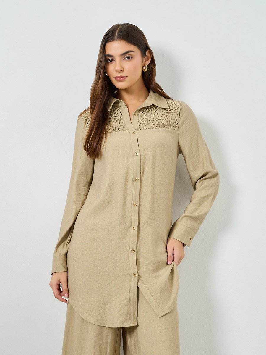 Beige Lace Detail Longline Shirt and Pants Co-Ords