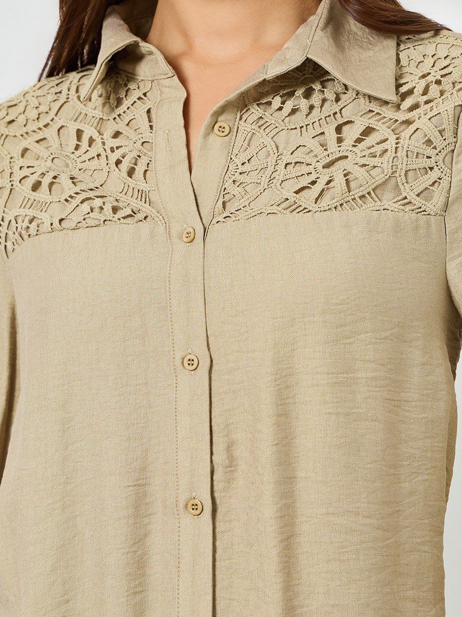 Beige Lace Detail Longline Shirt and Pants Co-Ords