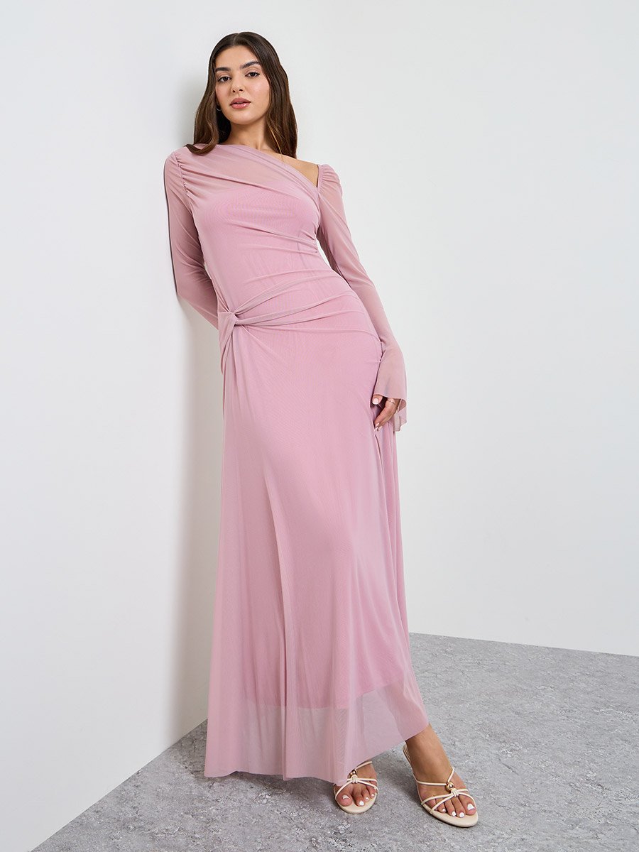Pink Gathered Asymmetric Neck Maxi Dress
