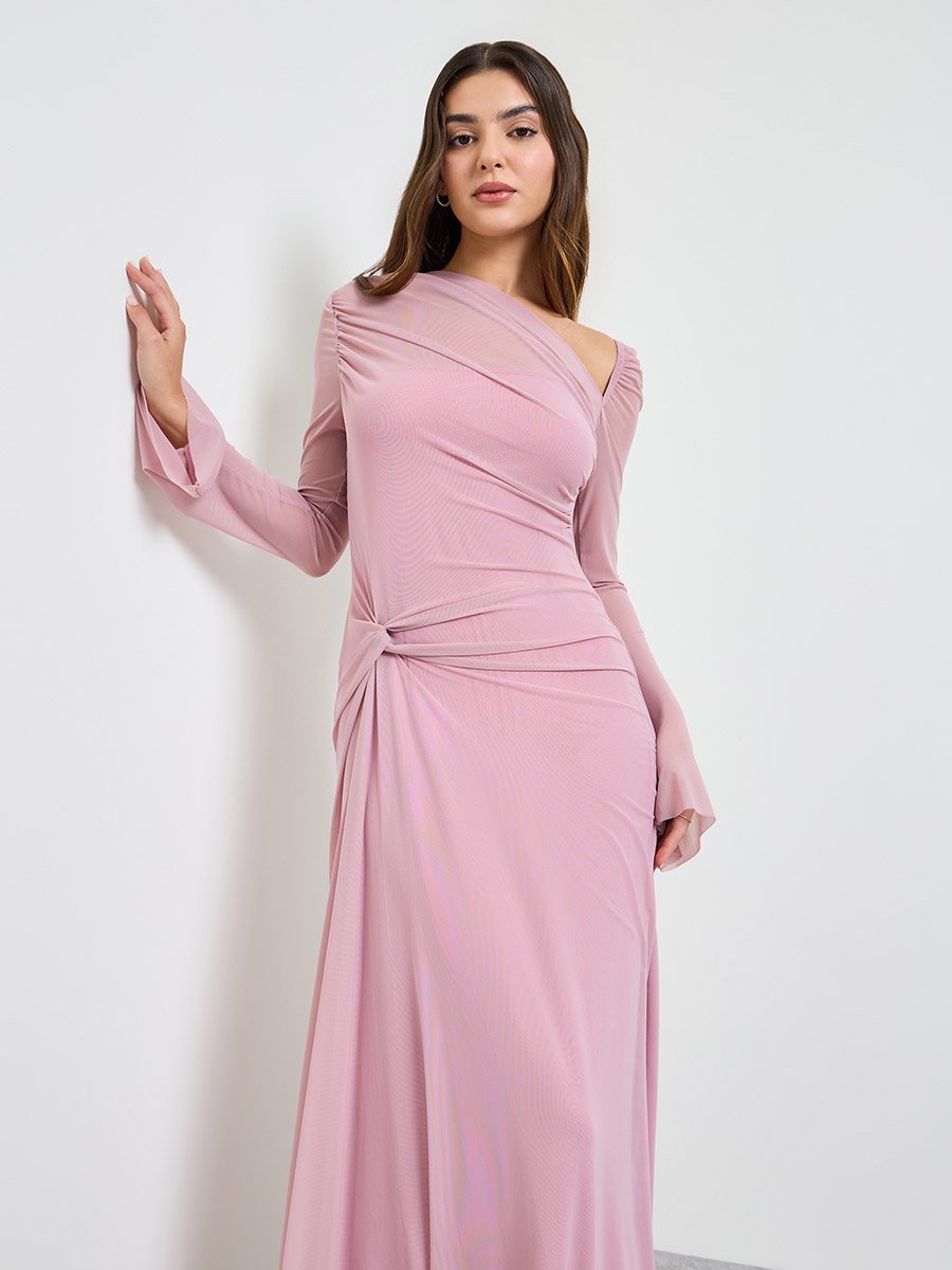 Pink Gathered Asymmetric Neck Maxi Dress