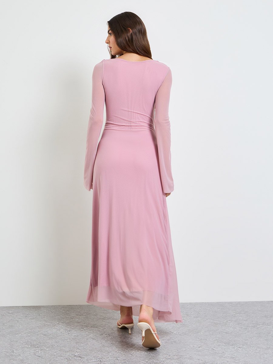 Pink Gathered Asymmetric Neck Maxi Dress