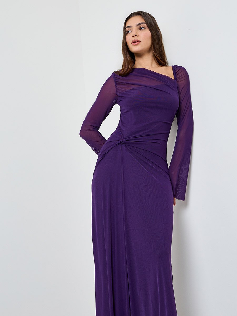 Purple Gathered Asymmetric Neck Maxi Dress