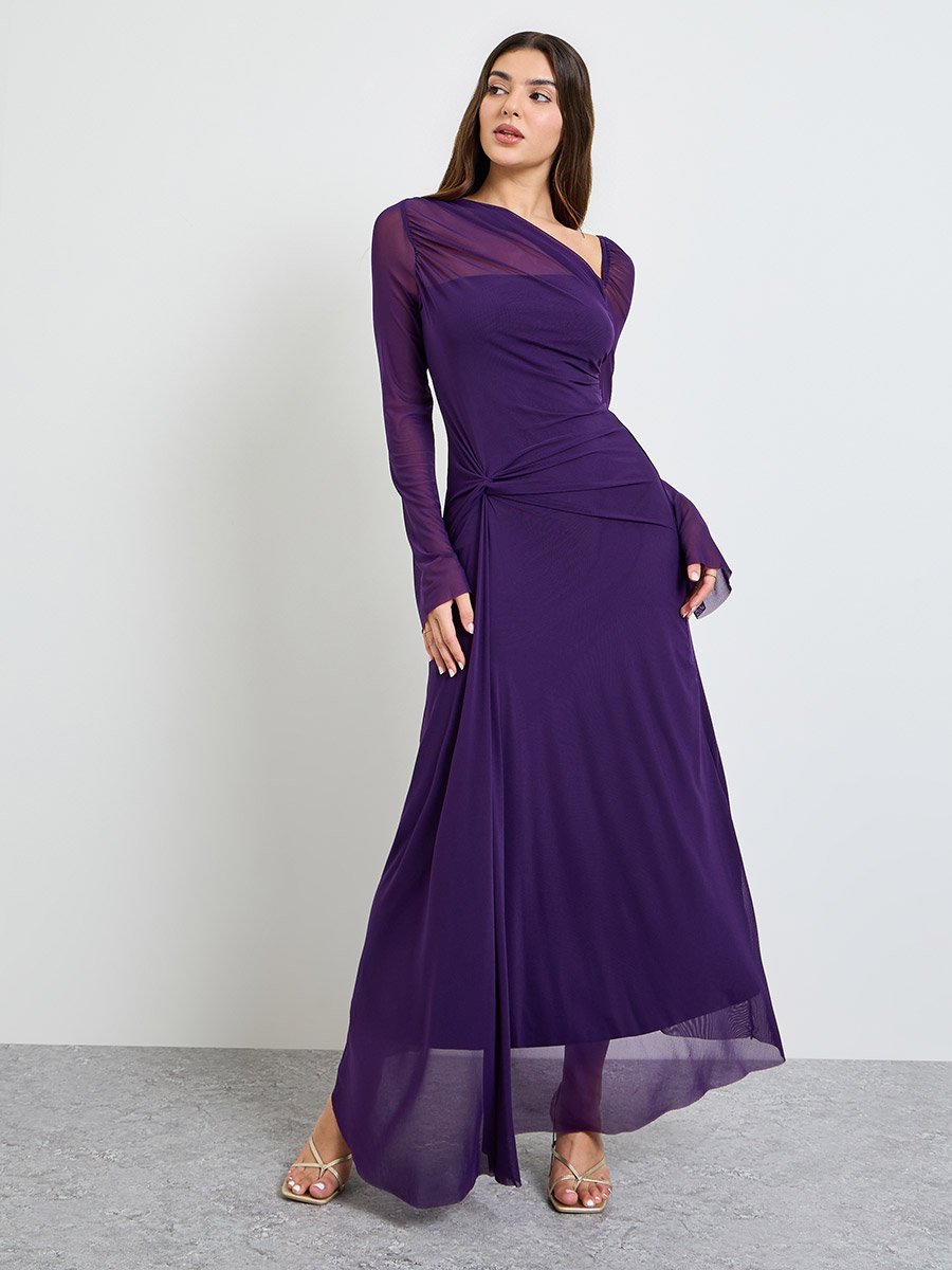 Purple Gathered Asymmetric Neck Maxi Dress