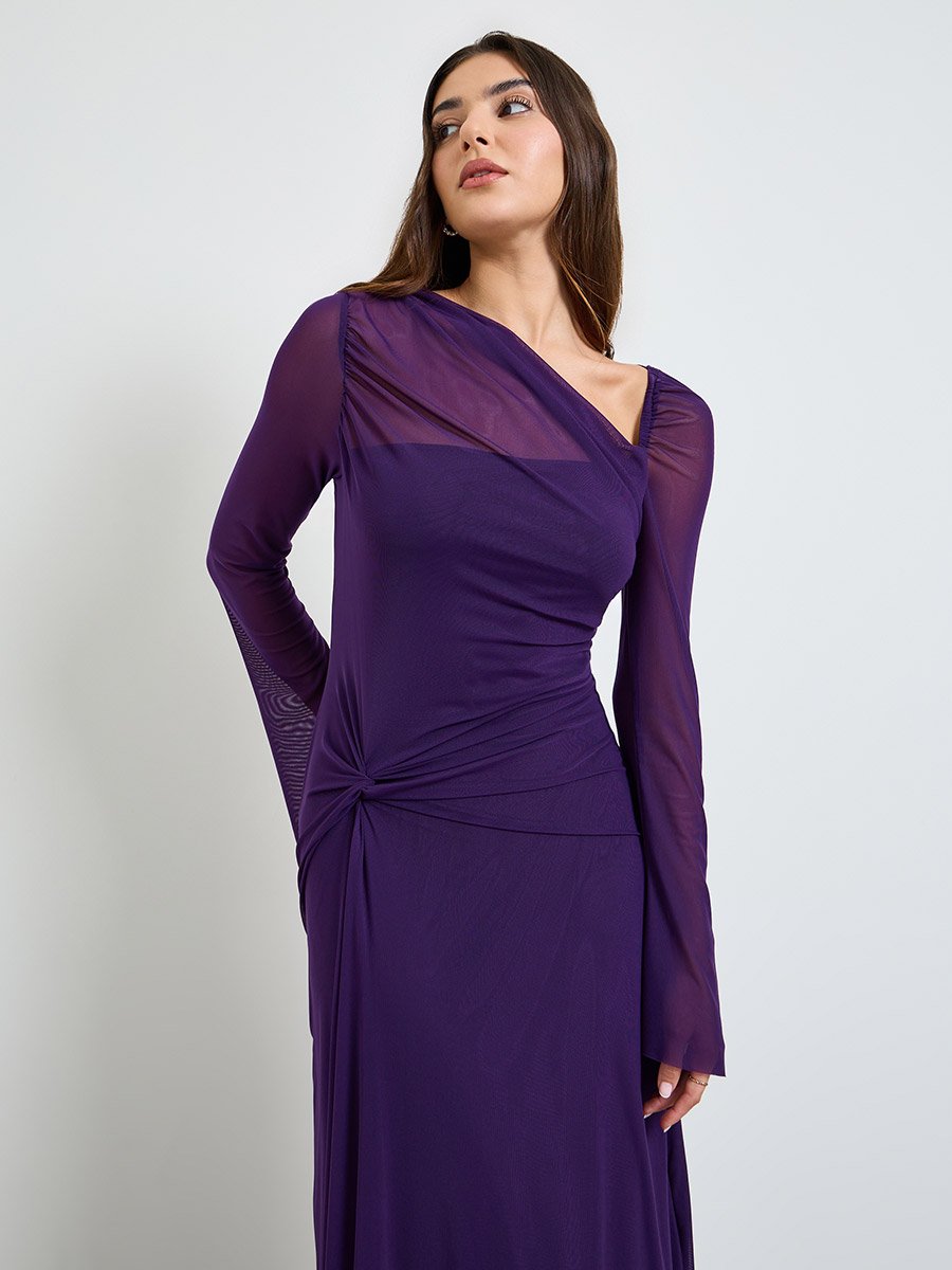 Purple Gathered Asymmetric Neck Maxi Dress