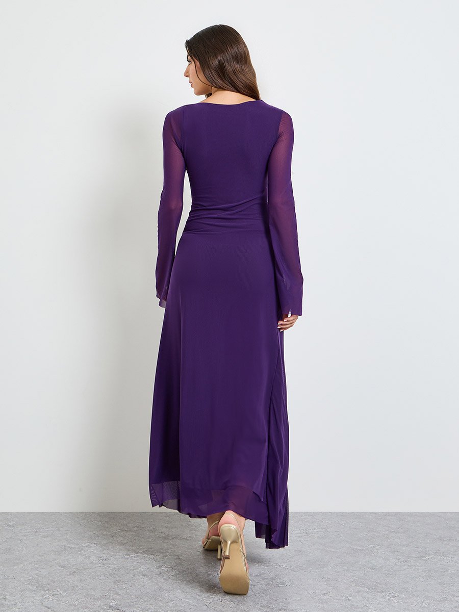 Purple Gathered Asymmetric Neck Maxi Dress