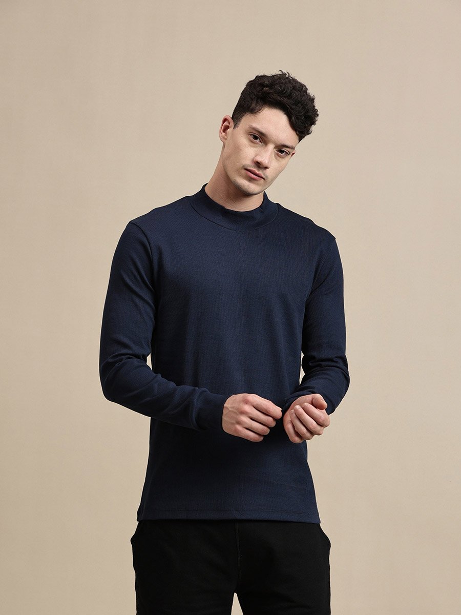 Men Navy Blue High Neck Long Sleeves T-Shirt