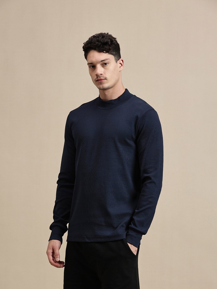 Men Navy Blue High Neck Long Sleeves T-Shirt