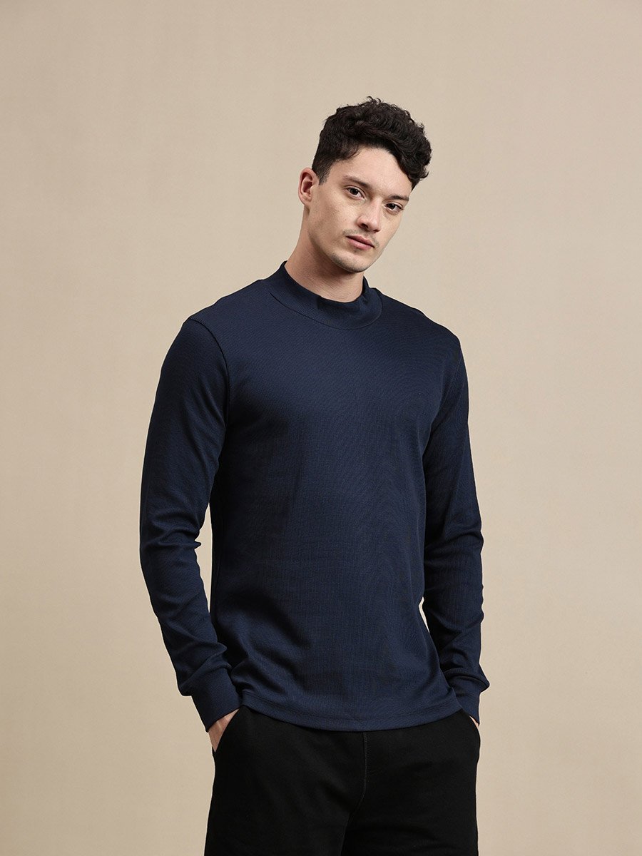 Men Navy Blue High Neck Long Sleeves T-Shirt
