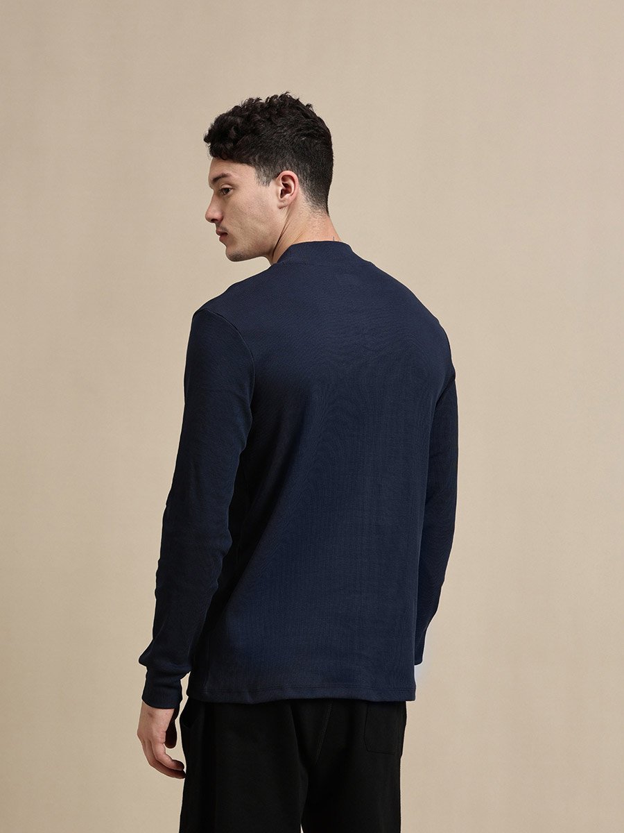 Men Navy Blue High Neck Long Sleeves T-Shirt