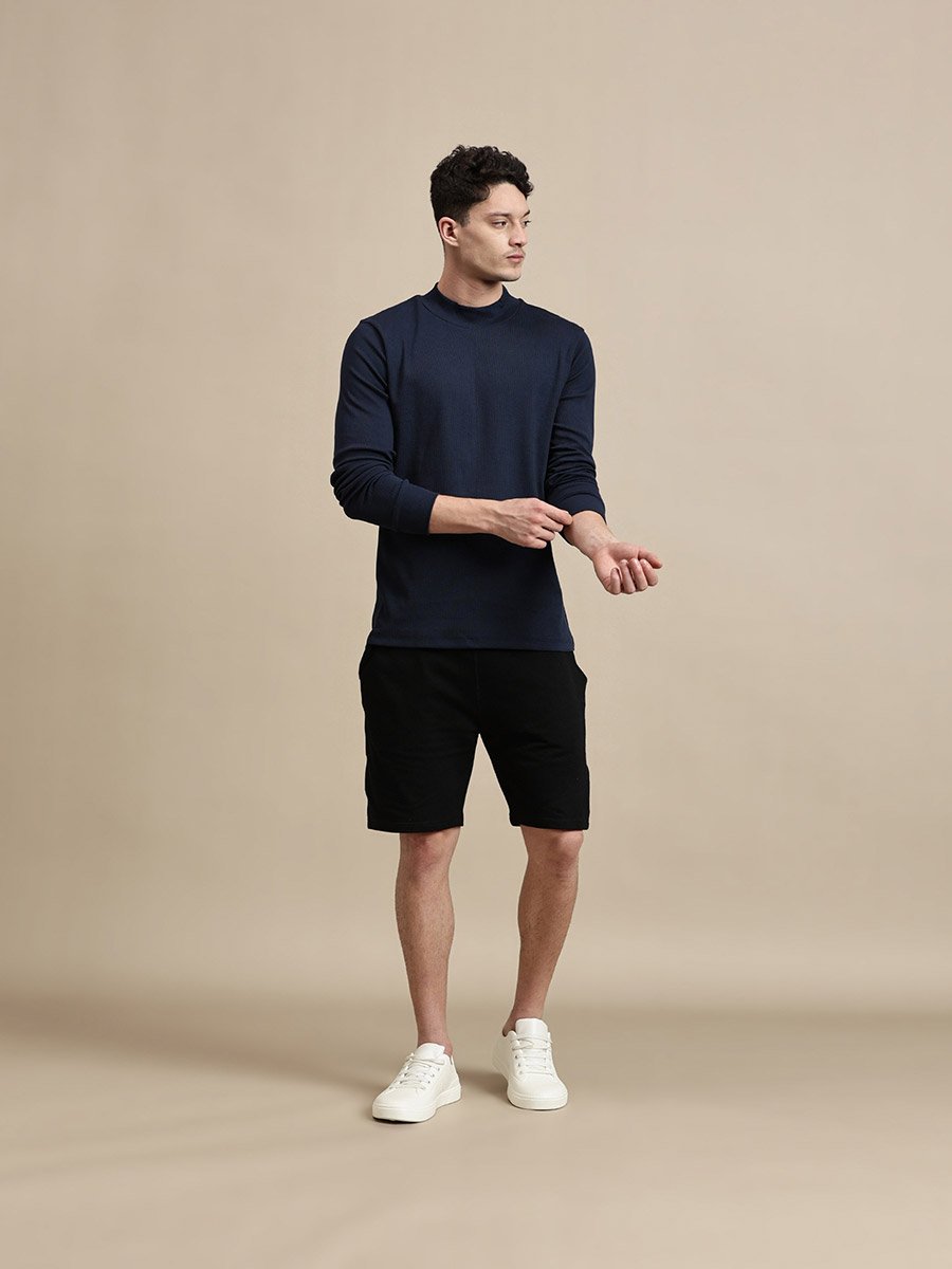 Men Navy Blue High Neck Long Sleeves T-Shirt