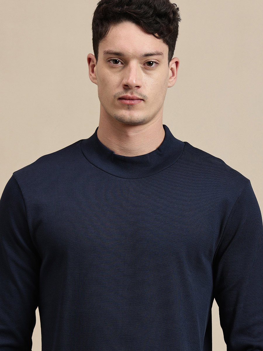 Men Navy Blue High Neck Long Sleeves T-Shirt