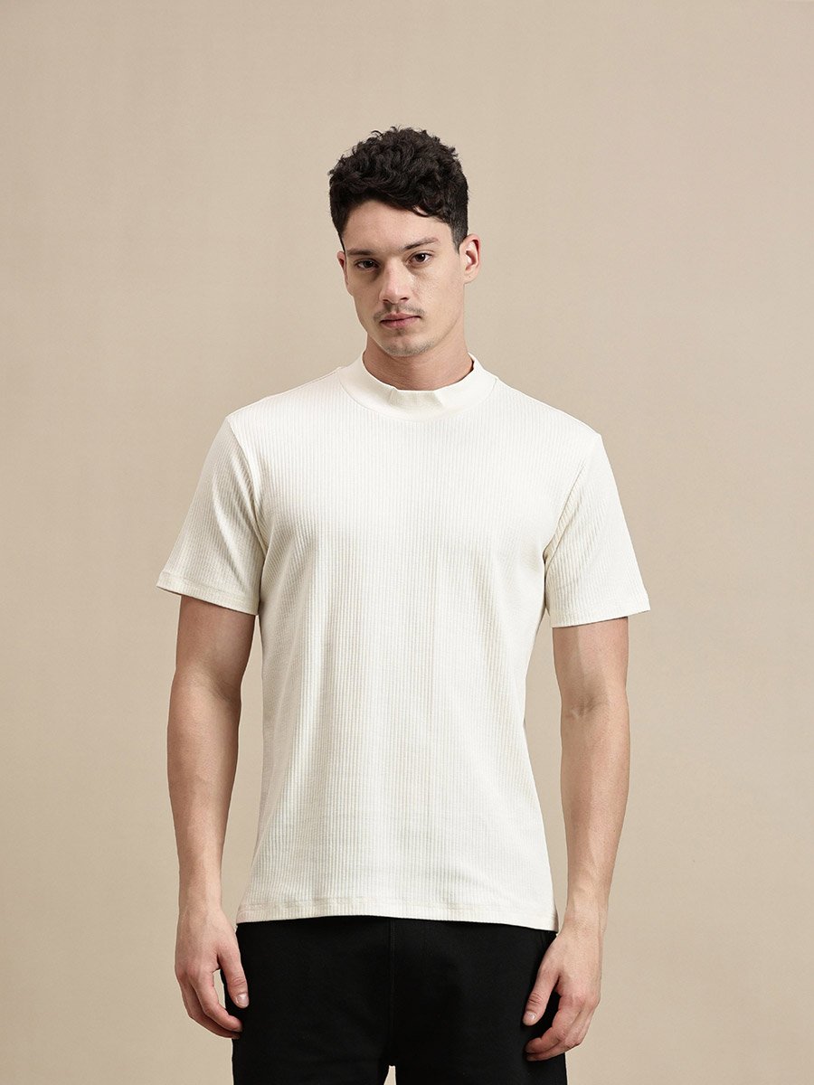 Men Off White Ribbed High Neck T-Shirt