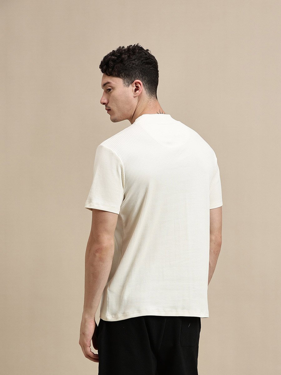 Men Off White Ribbed High Neck T-Shirt