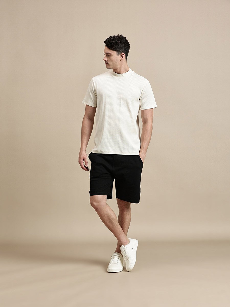 Men Off White Ribbed High Neck T-Shirt