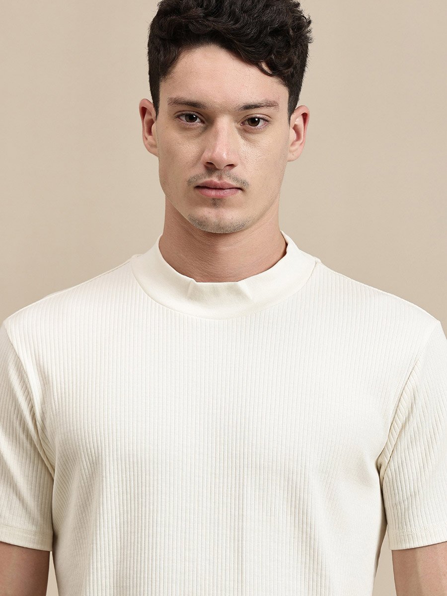 Men Off White Ribbed High Neck T-Shirt
