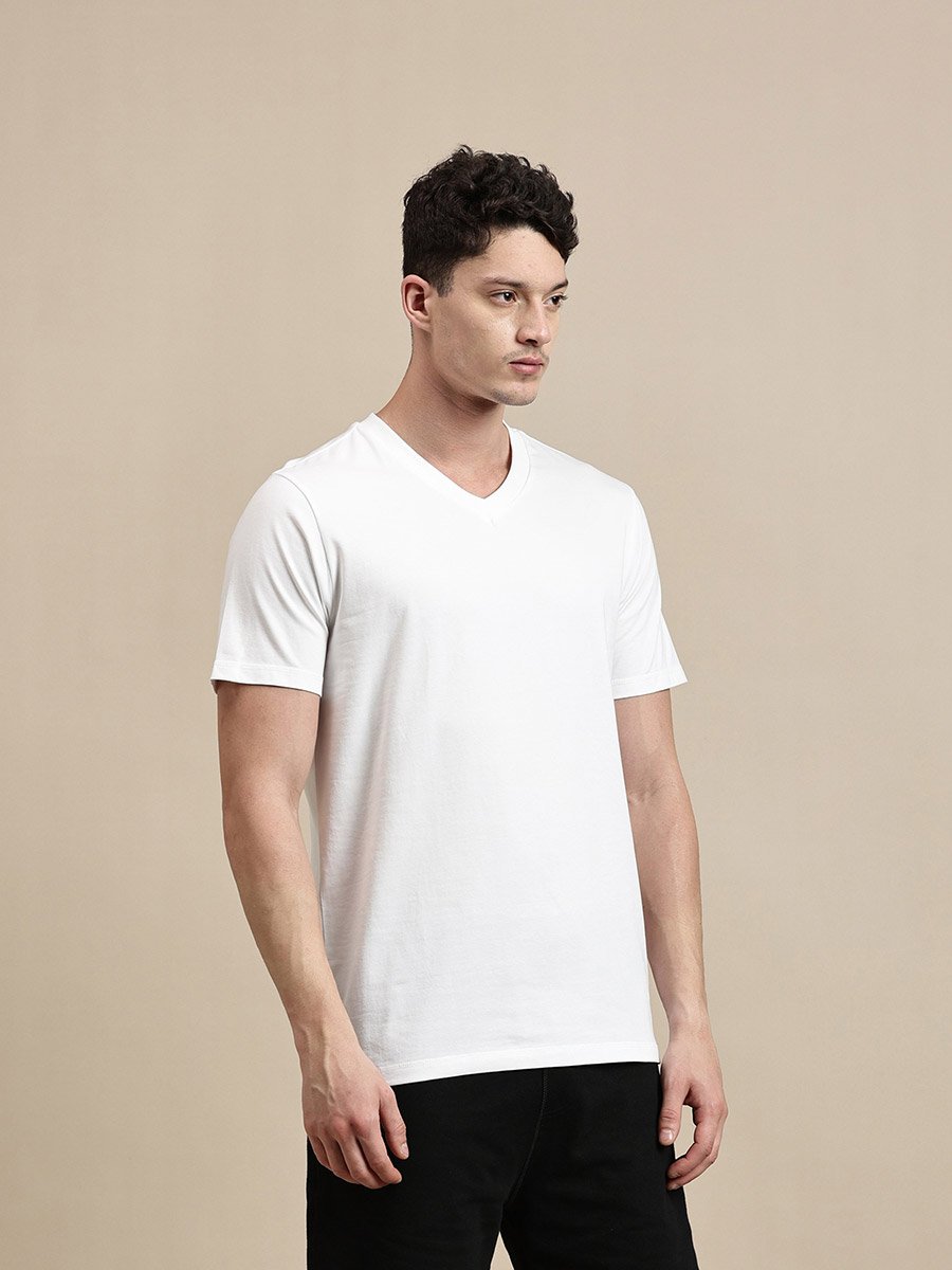 Men White V Neck Slim Fit T-Shirt