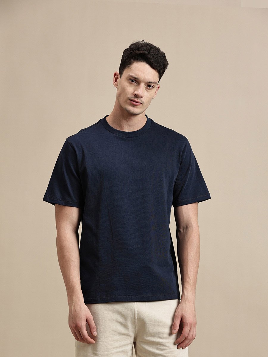 Men Navy Blue Crew Neck 100% Cotton Comfort Fit T-Shirt