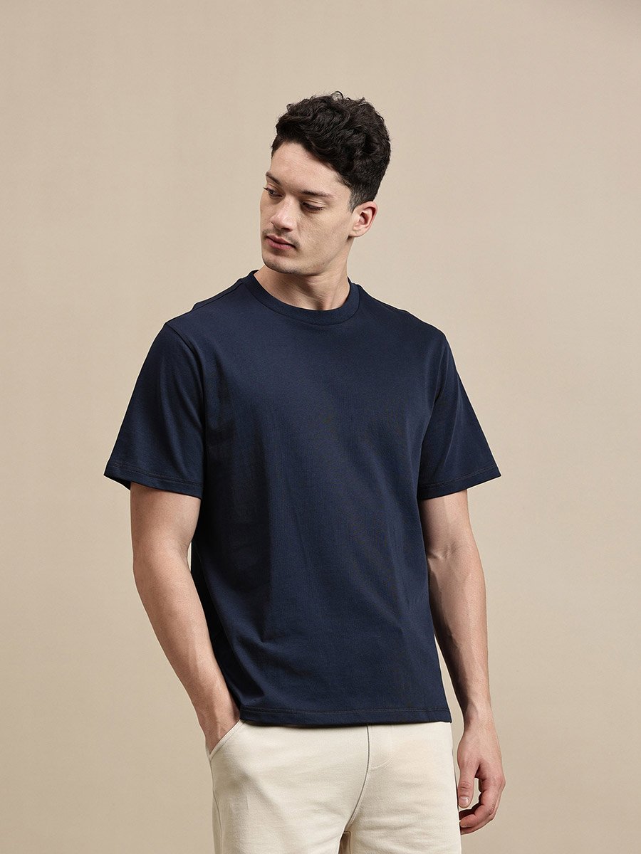 Men Navy Blue Crew Neck 100% Cotton Comfort Fit T-Shirt