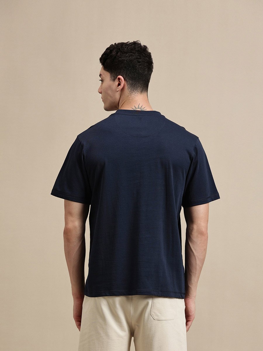 Men Navy Blue Crew Neck 100% Cotton Comfort Fit T-Shirt