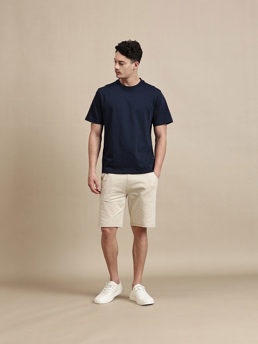 Men Navy Blue Crew Neck 100% Cotton Comfort Fit T-Shirt