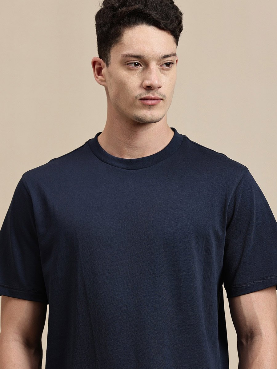 Men Navy Blue Crew Neck 100% Cotton Comfort Fit T-Shirt