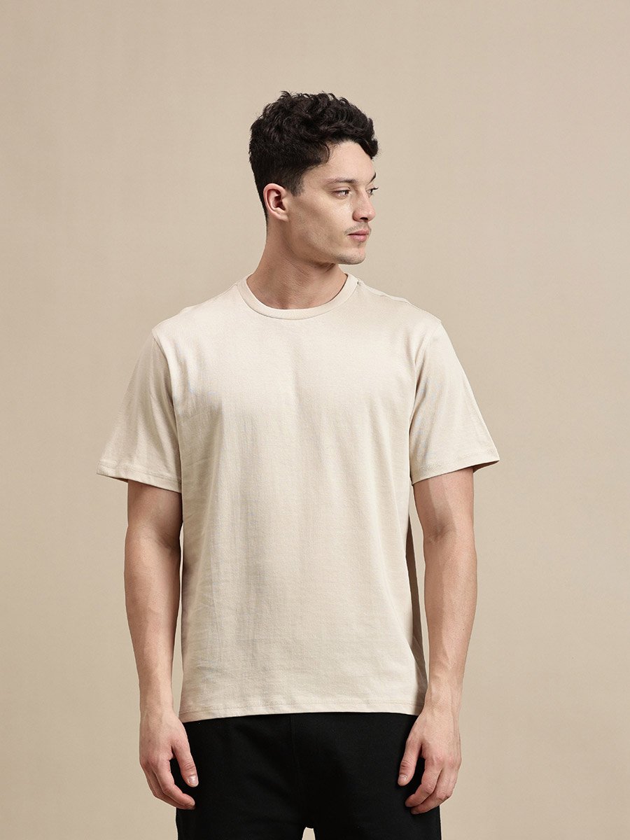 Men Beige Crew Neck 100% Cotton Comfort Fit T-Shirt