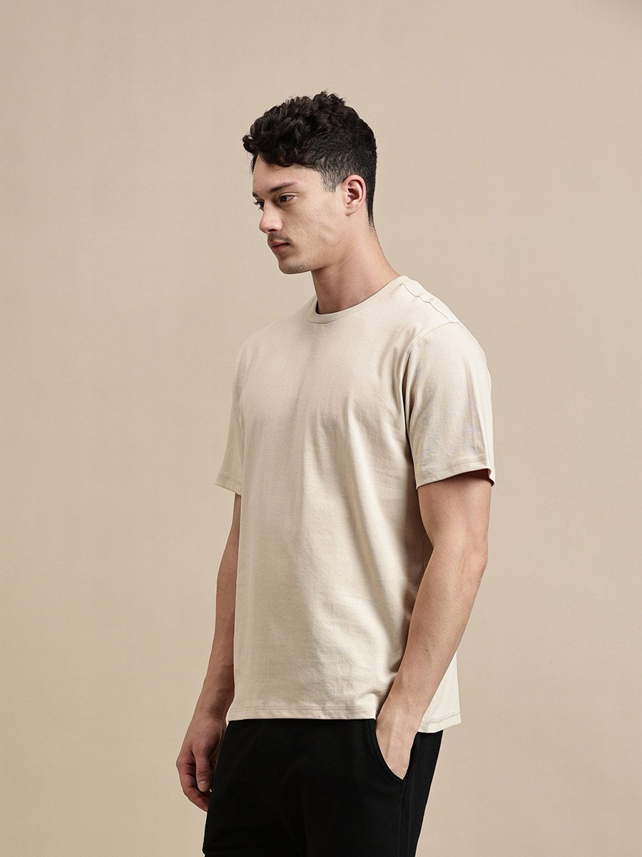 Men Beige Crew Neck 100% Cotton Comfort Fit T-Shirt