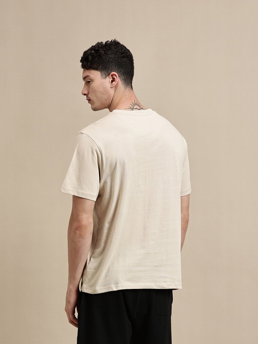 Men Beige Crew Neck 100% Cotton Comfort Fit T-Shirt