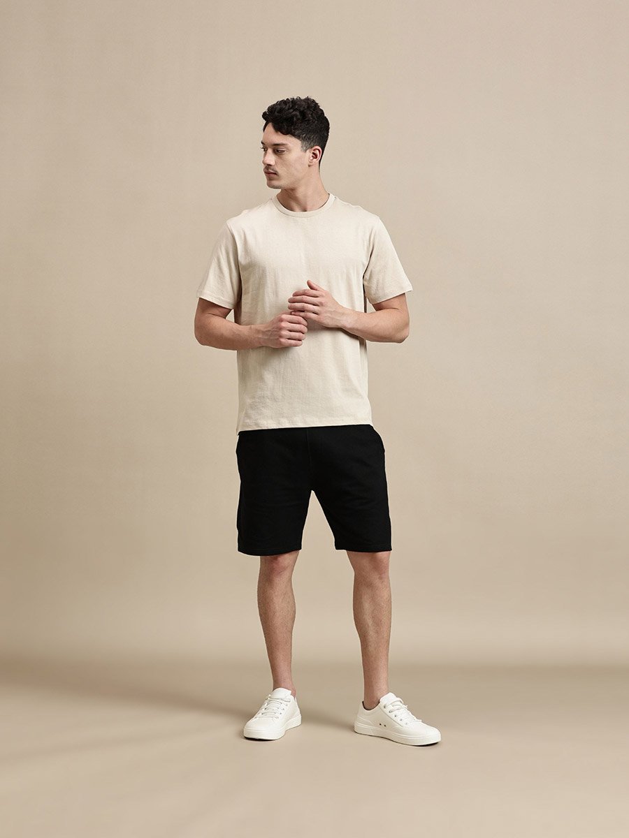 Men Beige Crew Neck 100% Cotton Comfort Fit T-Shirt