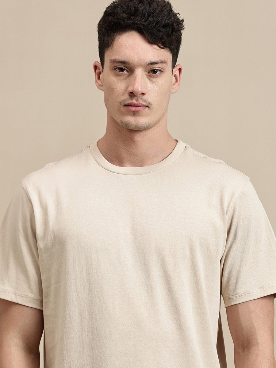 Men Beige Crew Neck 100% Cotton Comfort Fit T-Shirt