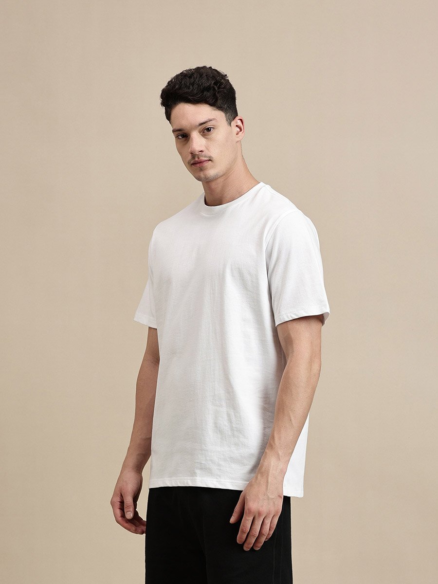 Men White Crew Neck 100% Cotton Comfort Fit T-Shirt