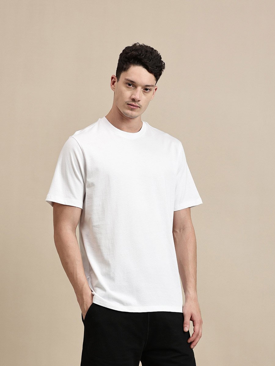 Men White Crew Neck 100% Cotton Comfort Fit T-Shirt